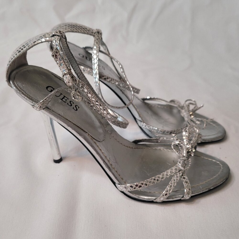 GUESS Silver Strappy Rhinestone Bow Accent Open Toe Stiletto Heels Size 8.5